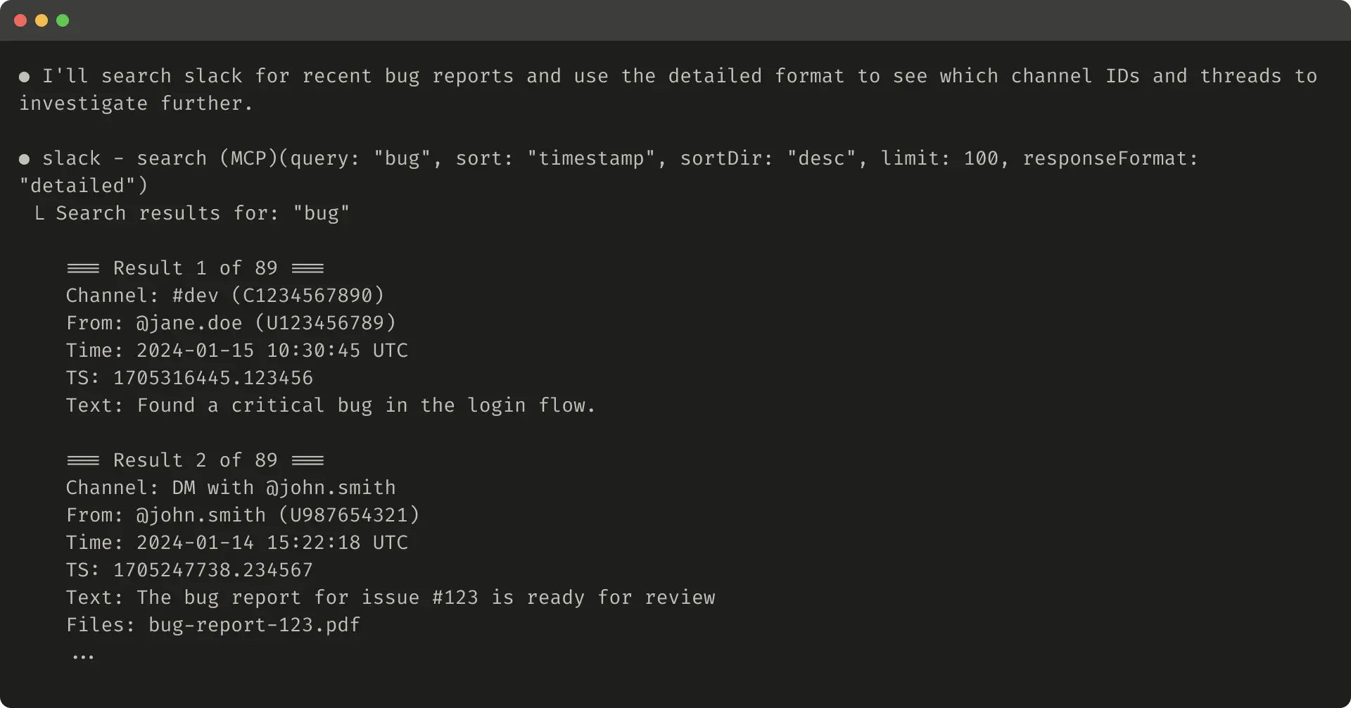 This code snippet depicts an example of a detailed tool response.