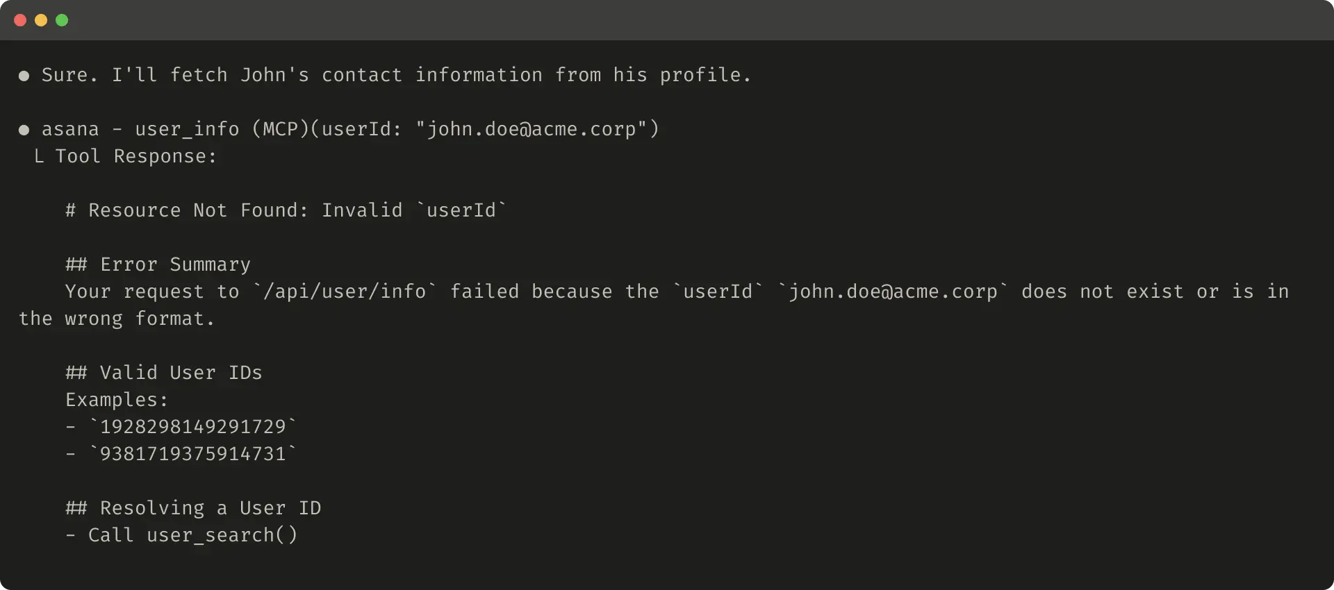 This image depicts an example of a helpful error response.