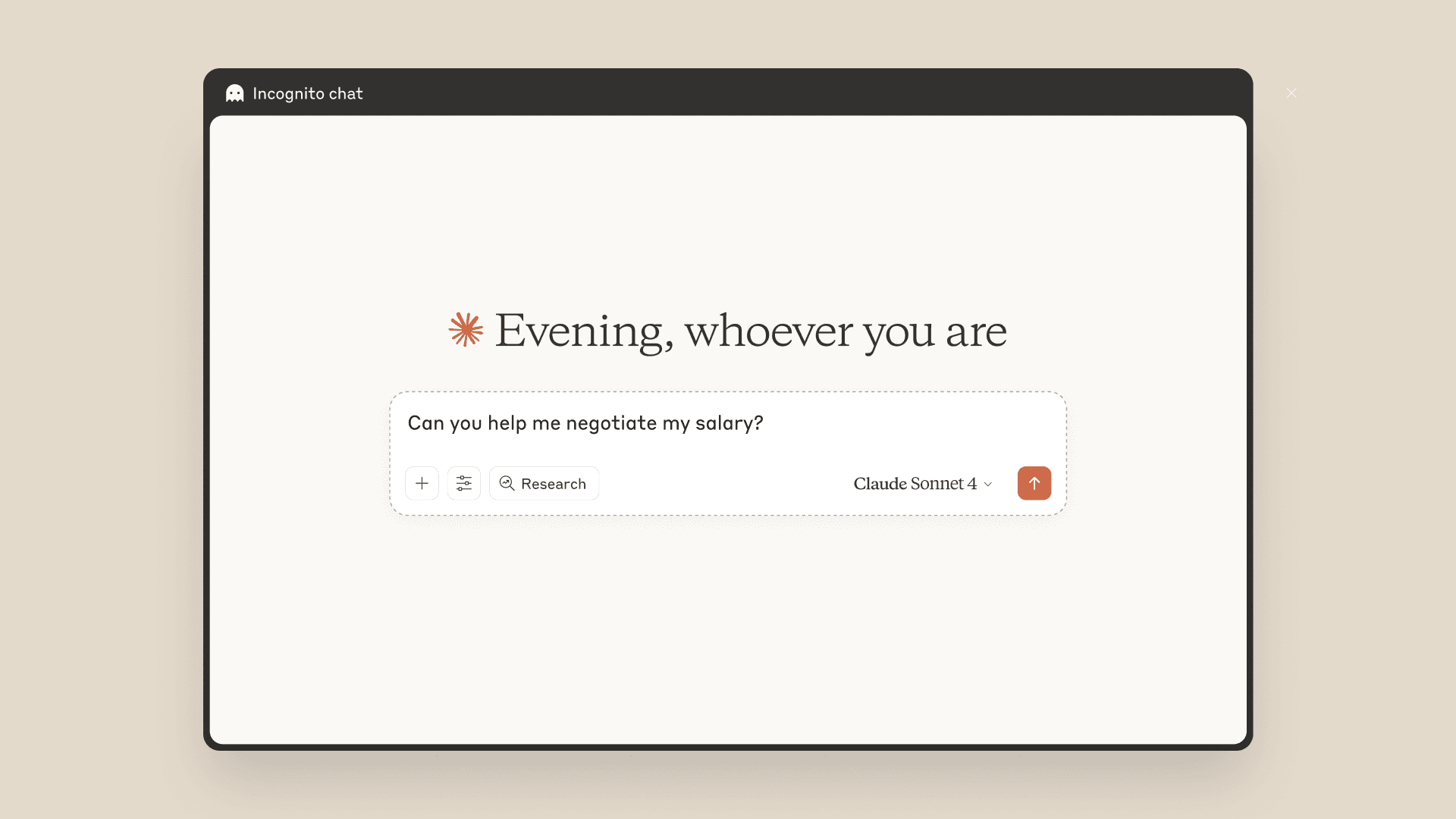 A Claude chat interface in Incognito mode, indicated by a ghost icon and "Incognito chat" label in the dark header bar