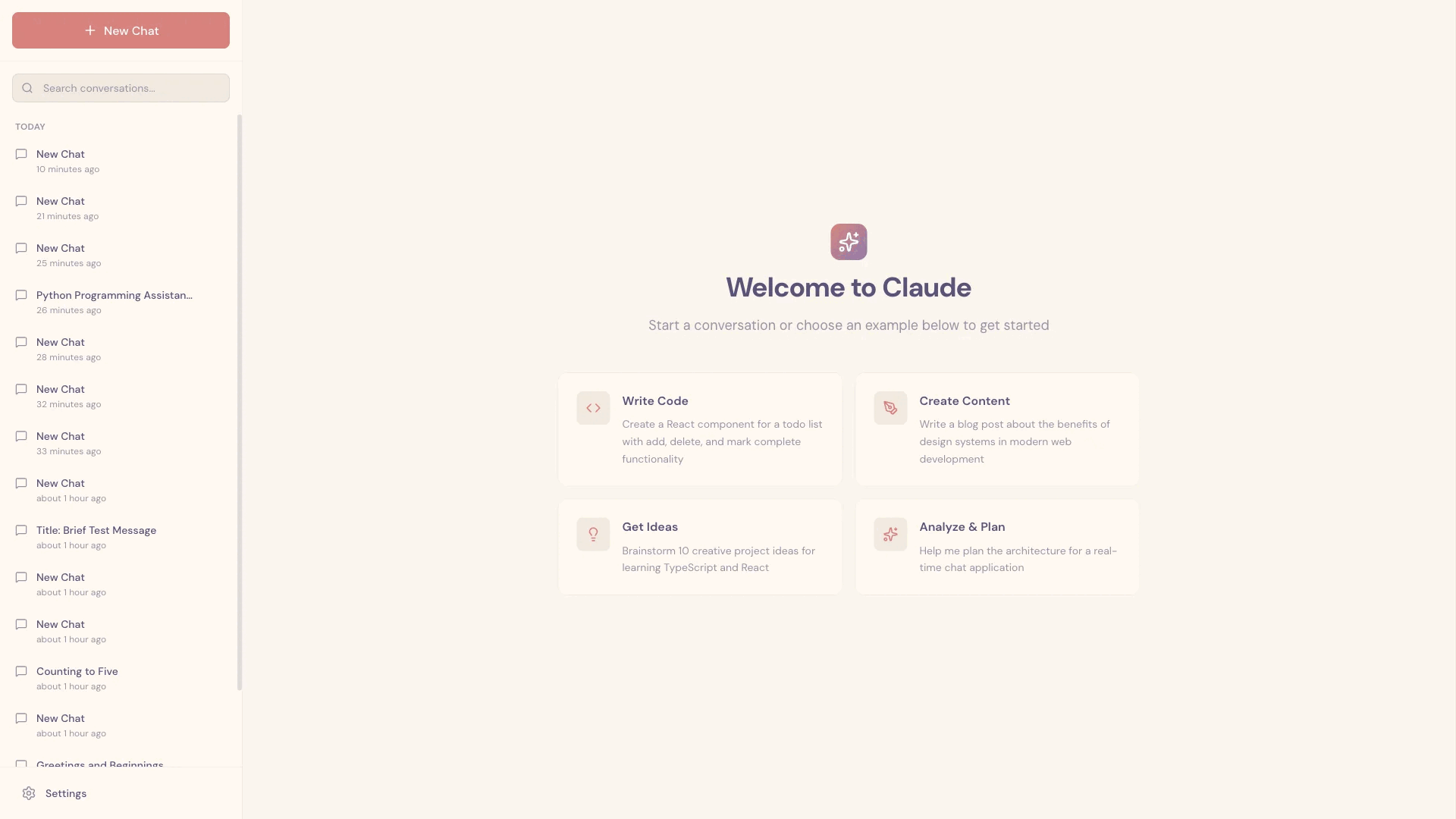 Screenshots taken by Claude through the Puppeteer MCP server as it tested the claude.ai clone.